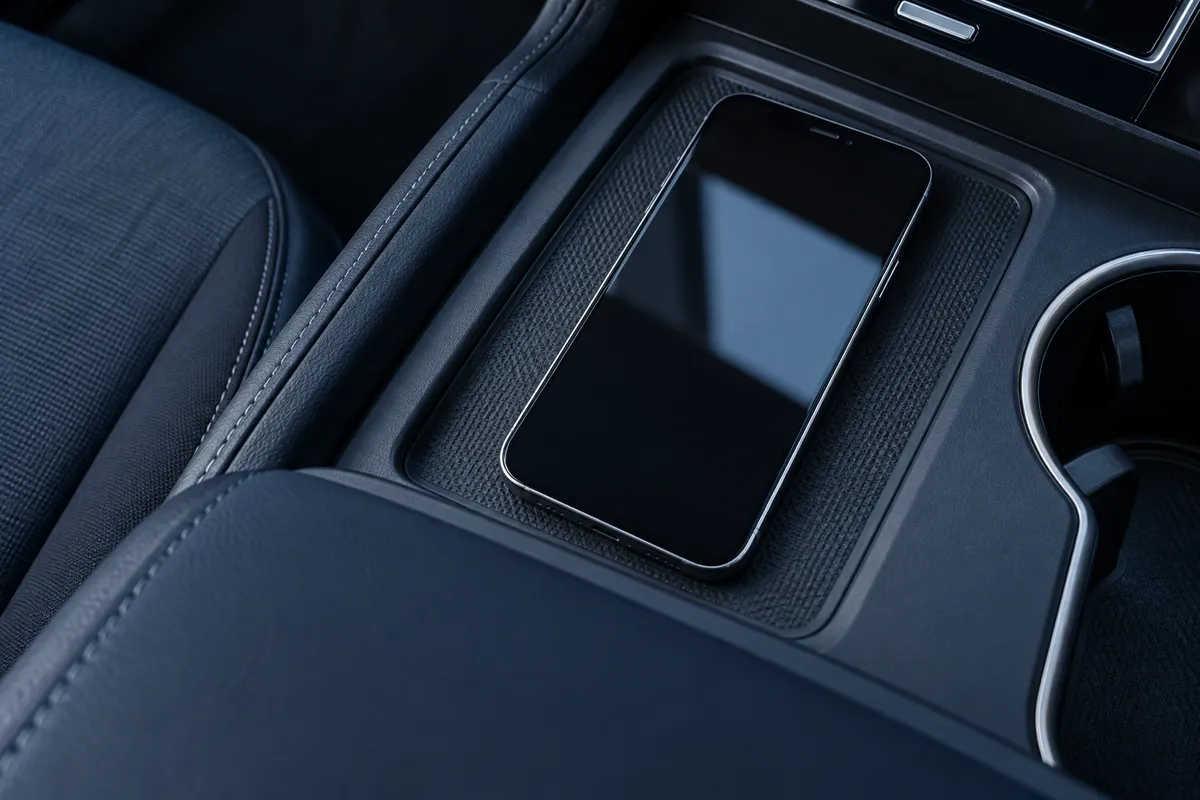 A phone resting untouched in a car’s centre console.