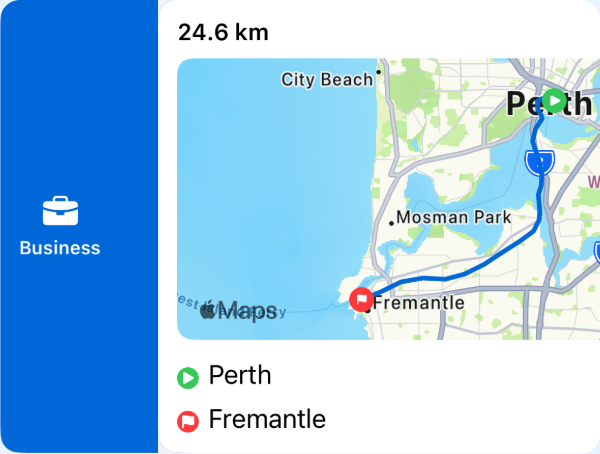 A sample 24.6 km Perth to Fremantle trip swiped right, revealing the blue Business action.