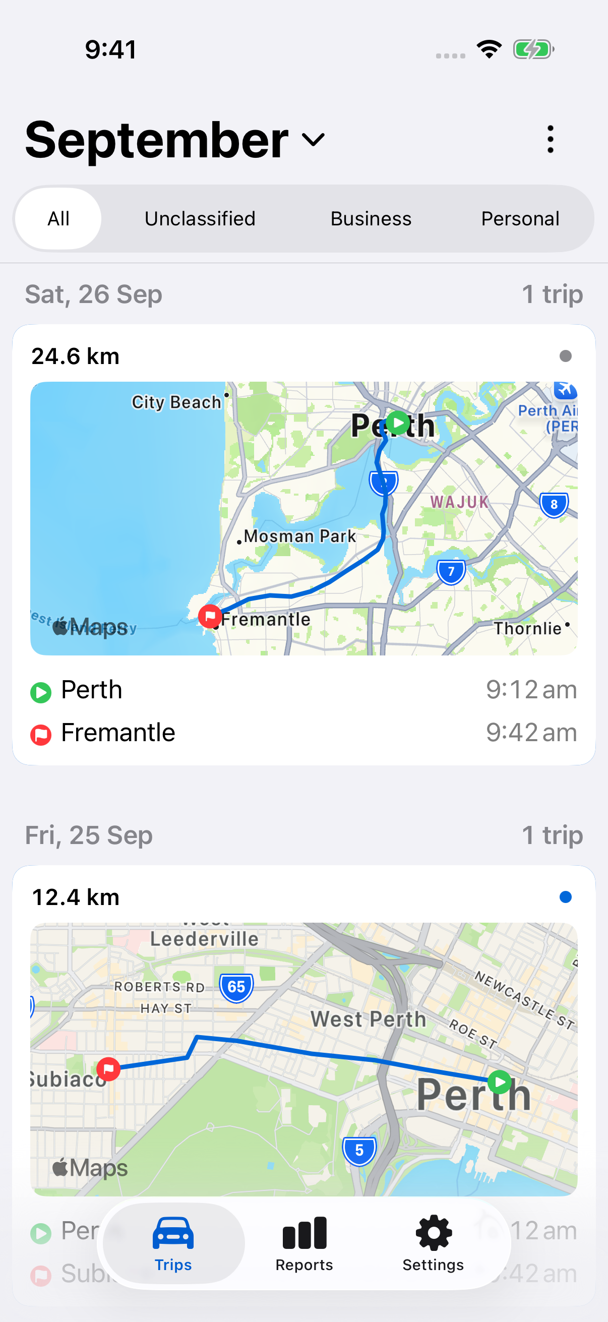LogMetric’s expanded trip list showing a 24.6 km sample journey from Perth to Fremantle, with a route map and departure and arrival times.